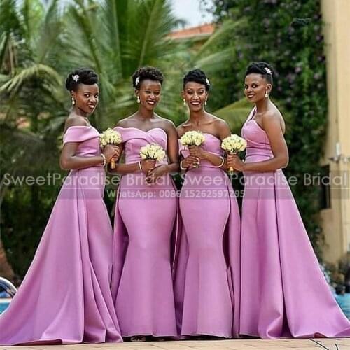 2021 Lavender Satin Bridesmaid Dresses For Women Off Shoulder Overskirt Long Wedding Guest Dress Party Formal