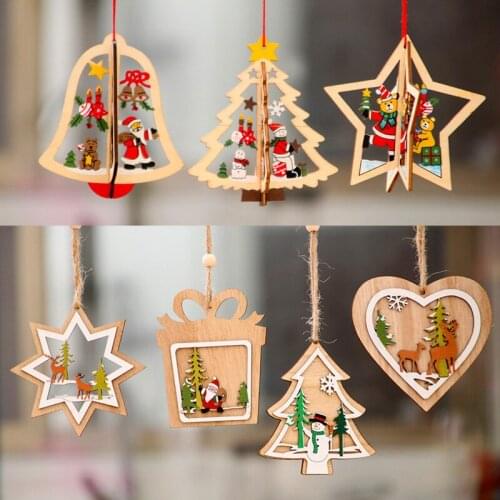 1PC 3D Christmas Ornament DIY Wooden Hanging Pendant Xmas Tree Bell Santa Claus Christmas Decor For Home Party New Year Navidad