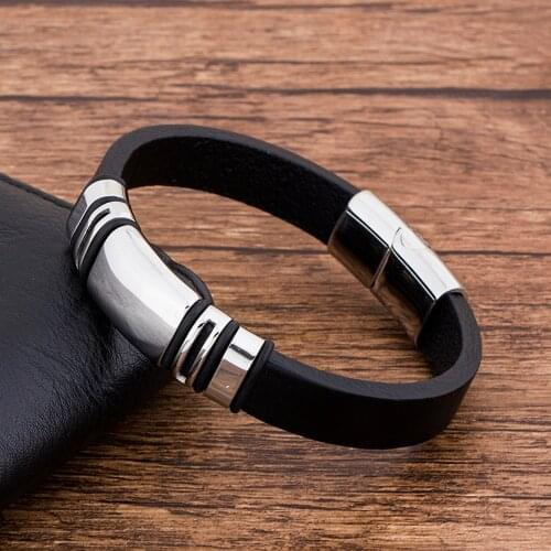 2019 Fashion Charm Genuine Leather Black Bracelet For Men Women Stainless Steel Jewelry Accessories Bangles Magnetic Clasp Punk