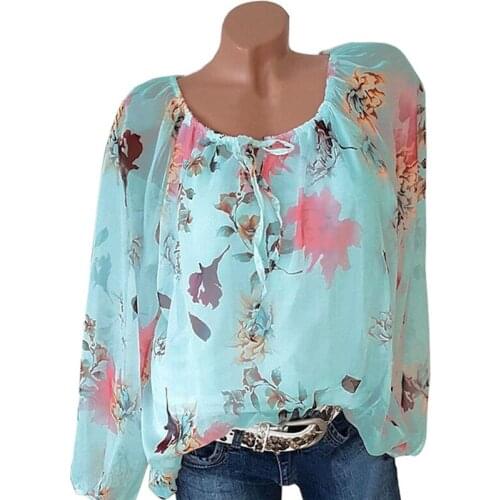Plus Size Women Blouse Spring Summer Tops Tie Slash Collar See Through Sexy Blouses Vintage Floral Print Shirt Oversized Blusas