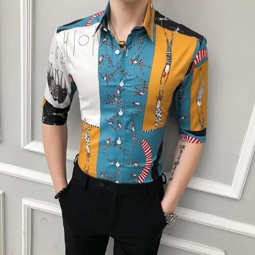 Brand Men Shirt Summer Designer Print Half Sleeve Casual Slim Dress Shirts Korean Streetwear Social Tops Camisa Masculina