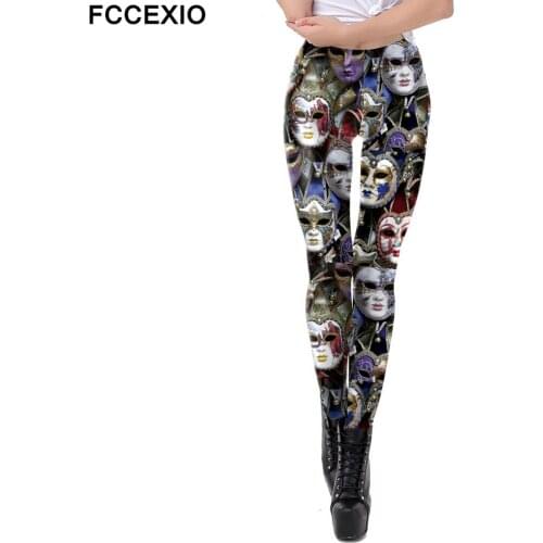 FCCEXIO Funny Mask Printed Leggings Women Fashion Leggins Workout Fitness Leggins 3D Printed Plus Size Leggings Trousers