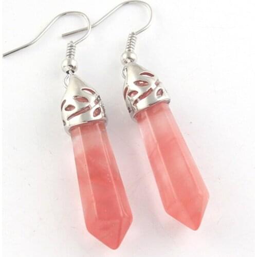 FYSL Silver Plated Hexagon Prism Cherry Quartz Dangle Earrings for Women White Howlite Stone Jewelry
