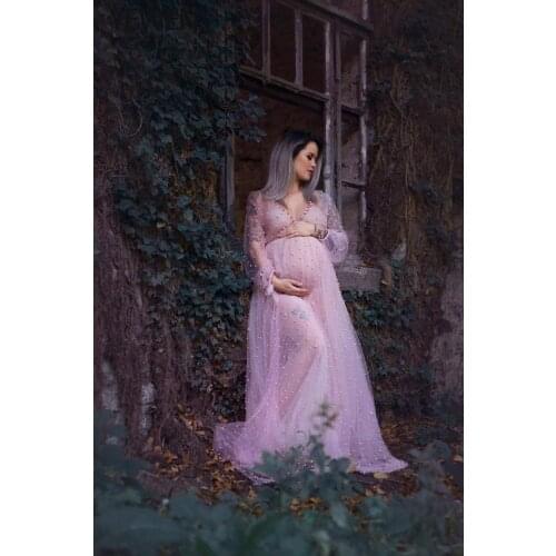 Cute Pregnancy Photography Dresses Elegence Maternity Shoot Dress Beading Tulle Maxi Gown Clothes For Pregnant Women Photo Props