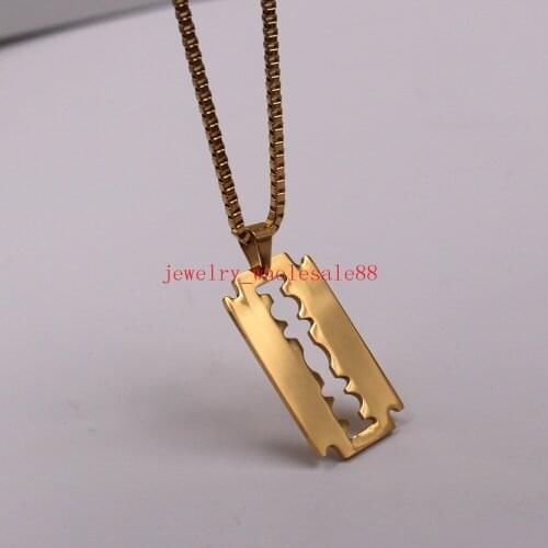 Fashion Mens Gold Stainless Steel Razor Blade Dog Tag Pendant 2.4mm Box chain necklace 18''-28