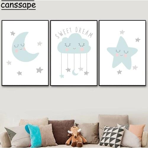 Nursery Wall Art Canvas Painting Moon Posters Cloud Prints Stars Paintings Nordic Wall Pictures Baby Kids Bedroom Decoration