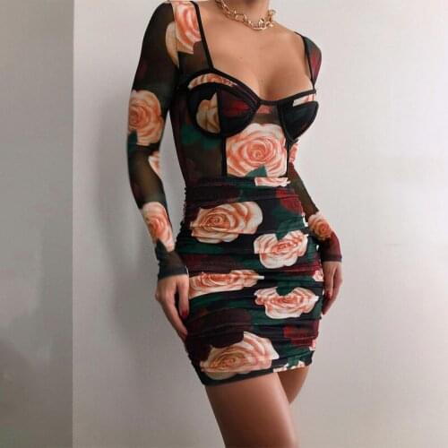 EIFER Womens Fall New Pleated Print Square Neck Long Sleeve Slim Dress women