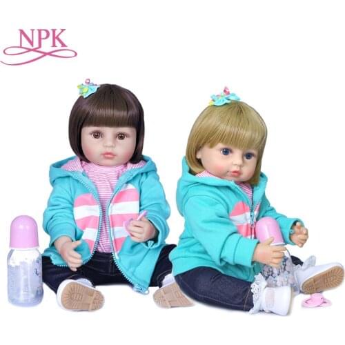 NPK 55cm short hair girls gift soft full body silicone doll newborn babydoll flexible two colors hair baby green coat doll