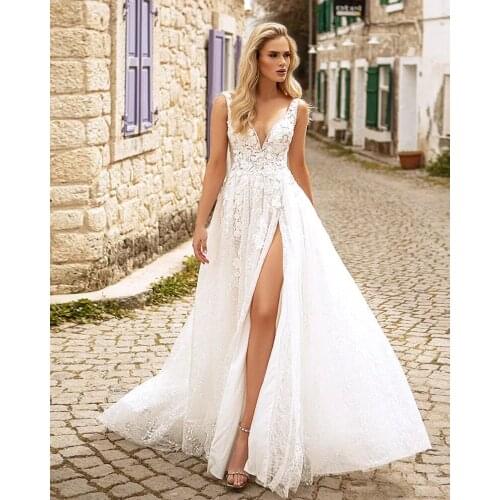 Trouwjurk V-Neck Beach Wedding Dress Beading Appliques Vintage Robe De Mariee Slit Skirt Sexy Vestidos De Noiva Bridal Gown