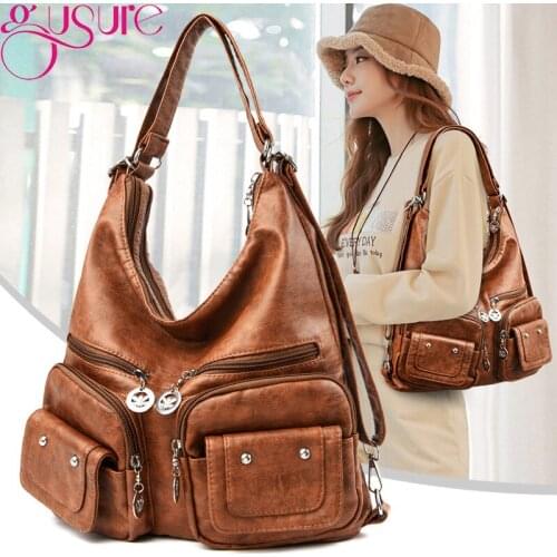 Gusure Casual Multifunctional Women Shoulder Hobos Bag PU Leather Travel Shopping Bags Large Portable Ladies Crossbody Handbags