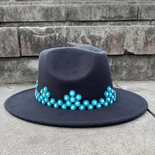 Big Size Wool Women Black Fedora Hat Acrylic Gems Wide Brim Flower Jazz Church Cap Panama Sun Top Hat