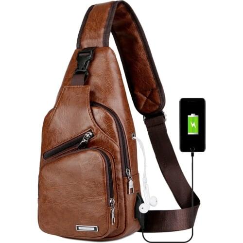 Longmiao Men Shoulder PU Leather Chest Bags Crossbody Business Single Messenger Bags Male charging Handbag with USB Charger