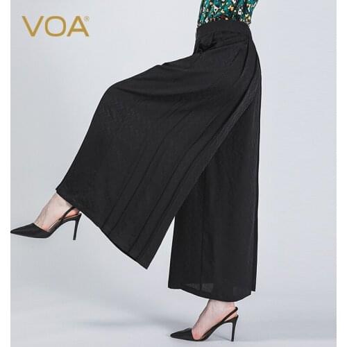 VOA 22m/m Silk Black Dobby Trousers K25 Original Design Pleated Mid Wide Leg Culottes Street Fashion Woman Pants Spring 2021
