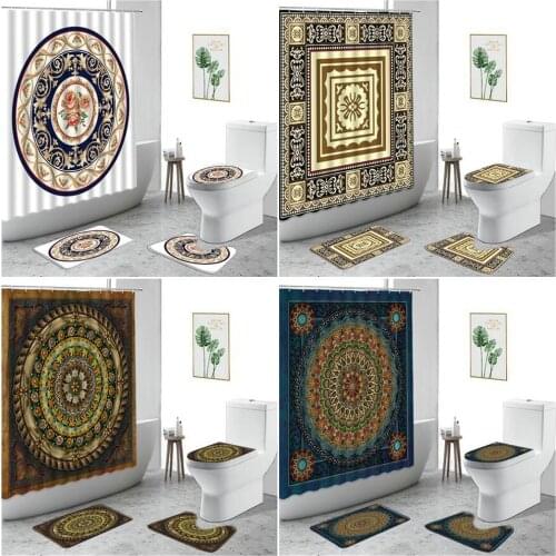 Moroccan Retro Bohemian Shower Curtain Mandala Flower Ethnic Style Bathroom Decor Set Non-Slip Carpet Toilet Cover Bath Curtains