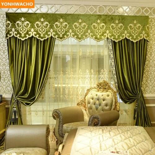 Custom curtains thick luxury European solid green French velvet embroidery blackout curtain tulle valance B458