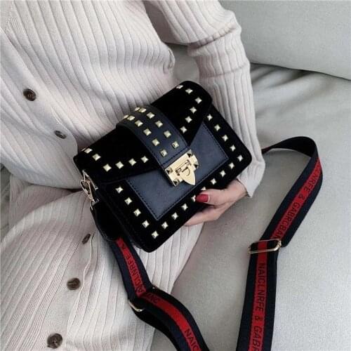 2021 New Wide Shoulder Strap Small Square Bag Fashion Rivet Cross body Bag Female Messenger Bags