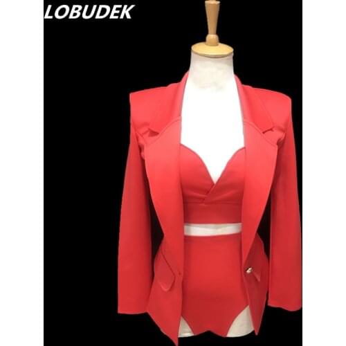 Women Modern Dance Costume Red Pink Bra Coat Shorts 3 Pieces Set Jazz Dance Teams Performance Stage Outfit Nightclub DJ Costume