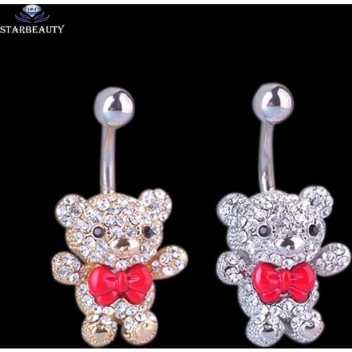 Full CZ Kawaii Little Bear Navel Belly Button Ring 316L Surgical Steel Piercing nombril For Women 14G Bar Sexy Body Jewelry