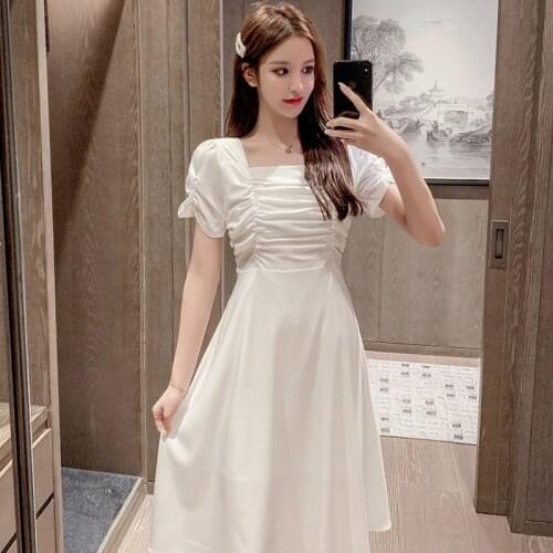 Small French First Love Bodycon Kawaii Skirt Sweet White Fairy Square Neck Bubble Sleeve Womens Summer Dress 2021 NEW