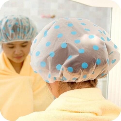 1pc Waterproof Wave Point Shower Cap Hat Elastic Bathroom Reusable Bath Head Hair Cover For Women Salon Shower Bath Supplies