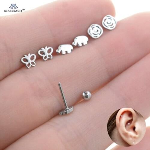 2Pcs 0.8x6mm Thin Rod Mini Elephant Rose Butterfly Earrings Ear Piercing Stud Cartilage Helix Piercing Tragus Ball Body Jewelry