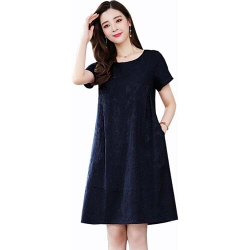 2019 summer Casual Loose dress women fashion Cotton O-Neck Short sleeve dress Solid color temperament A-Line dress women