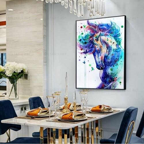 Abstract Watercolor Horse Painting Blue Animal Ink Canvas Posters and Prints for Living Room Bedroom Deocr Wall Art Cuadros
