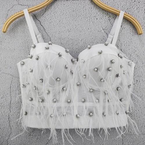 Atoshare Casual Outfits Rhinestone Feather Top Women White Black Corset Sexy Crop Top Mujer 2021
