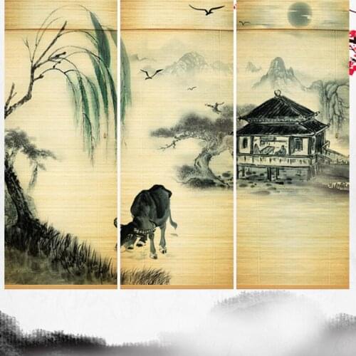 Bamboo Curtain Printed Curtain Roll Curtain Door Curtain Separation Chinese Restoration Zen Balcony Shading Hand-pulled Up