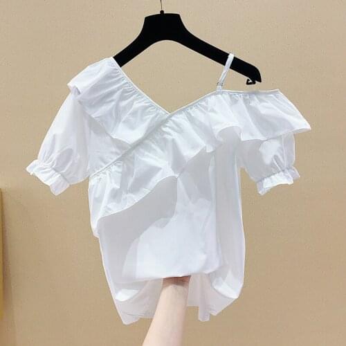 White Shirt for Women Summer Short Sleeve Blouse Irregular Flounced Off-Shoulder Slim Solid Color Shirts Ladys Tops Blusas