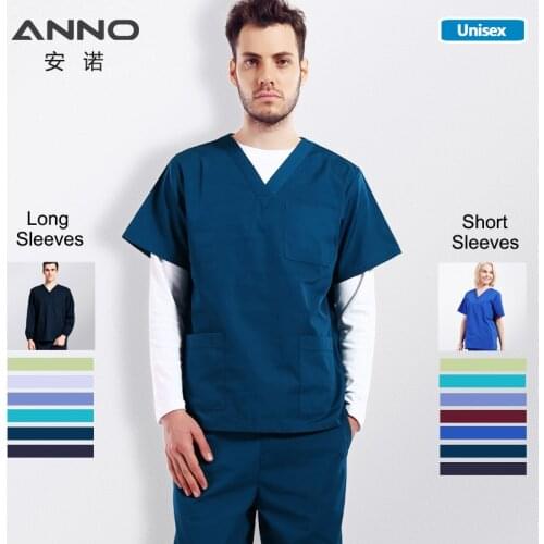 ANNO Solid Color Scrubs Set Work Cloths with Short/Long Sleeves Nursing Uniform Tops Trousers Nurse Suit Hospital Dress