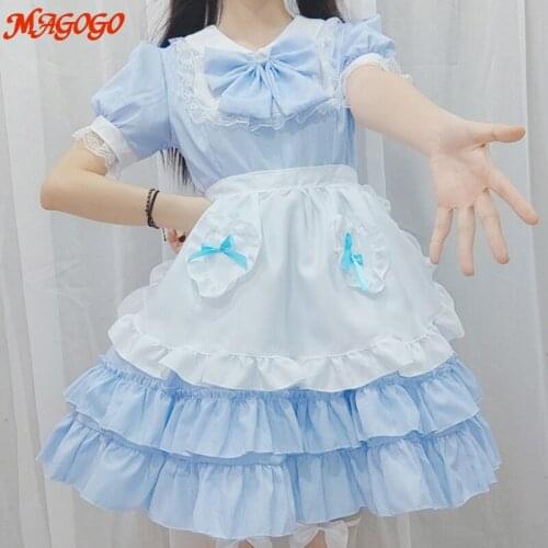 MAGOGO Cosplay Maid Outfit Lolita Dress Women Cute Blue White Bownot Sweet Japanese Apron Dresses Size S-XL