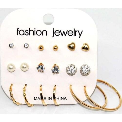 Fashion Geometry Metal Heart Pearl Crystal Set Stud For Women Simple Vintage Love Alloy Earrings Wholesale Jewelry