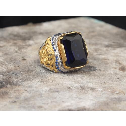 925 Sterling Silver Blue Zircon GemStone Men Silver Ring, Vintage Silver Ring For Men, Handmade Engraved Mens Ring