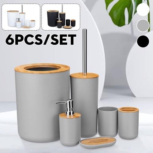 Bathroom Accessories Set 6 Pcs Bamboo Room Set Toothbrush Holder Soap Dispenser Toilet Brush Trash Can Bathroom Essential Set