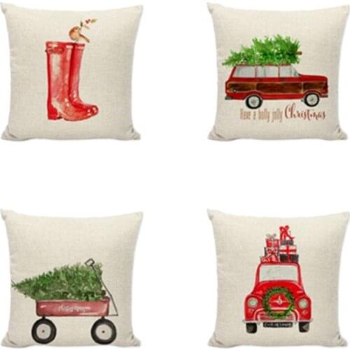 Happy New Year Gifts Cushion Covers 4 piece set Tree Deer Farmhouse Merry Christmas Home Couch Decor Linen Throw Pillow Cover