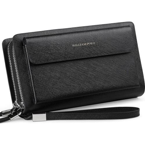 WILLIAMPOLO New Men Wallet Genuine Leather Long Clutch Phone Pocket Card Holder Handbag Double Zipper Detachable Wristlet Black
