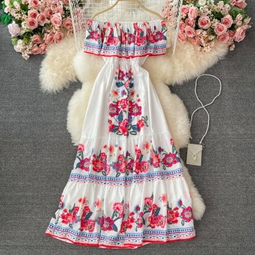 National style retro print ruffled one-shoulder off-the-shoulder dress 2021 summer high-waisted and thin large-length dress