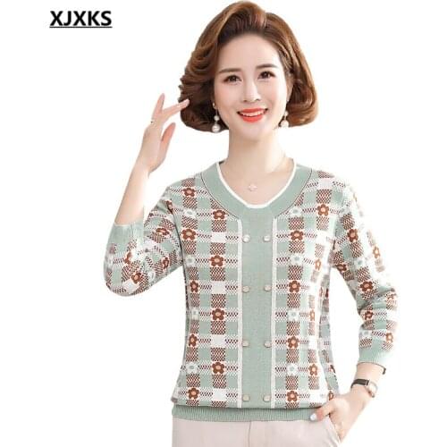 XJXKS 2021 autumn new women three-quarter sleeve sweater high-end wool knitted sweater women printed pullover