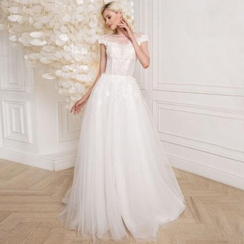 Chic A-Line Tulle Cap Sleeve Wedding Dress 2021 Fashion Lace O-Neck Appliques Sweep Train Bridal Gowns Vestido De Novia