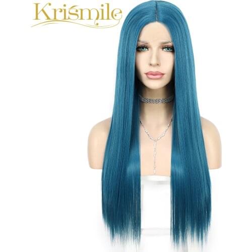 Synthetic Lace Wig Futura Fiber Blue T-Part Long Straight for Women Daily Use High Temperature Cosplay Daily Party Drag Queen
