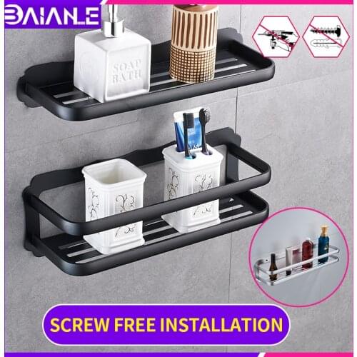 Bathroom shelf organizer black wall mounted shower storage rack holder black glue paste toilet corner shelf shelves supplies