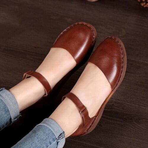 Handmade Genuine Leather Women Shoes College style Flat Ladies Shoes Casual Mary Janes Driving female Shoes