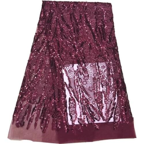 5yards/pc) wine color French net lace fabric fashion African tulle lace fabric with sequins embroidery for party dress FSQX079