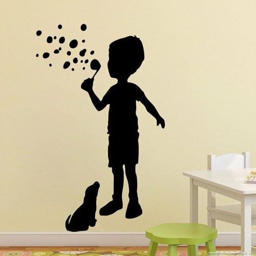 Child And Dog Wall Decal Boy Blowing Bubbles Creative Mural Art Kids Bedroom Nursery Play Zone Interior Decor Vinyl Sticker Q233