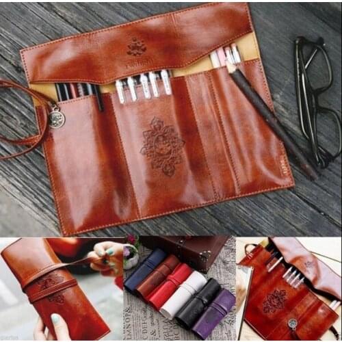 Vintage Retro Roll Leather Make Up Cosmetic Pen Pencil Case Pouch Purse Bag