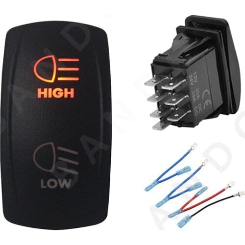 HIGH LOW Rocker Switch 7P ON-OFF-ON DPDT Laser Etched Orange Illuminated Led for Car Boat Marine ARB RV Camper,Jumper Wire Set