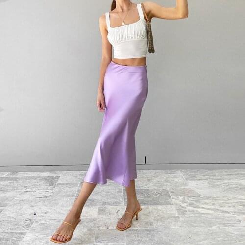 Solid Purple Satin Silk Skirt Women High Waisted Summer Long Skirt New 2020 Elegant Ladies Office Skirts Midi Spring