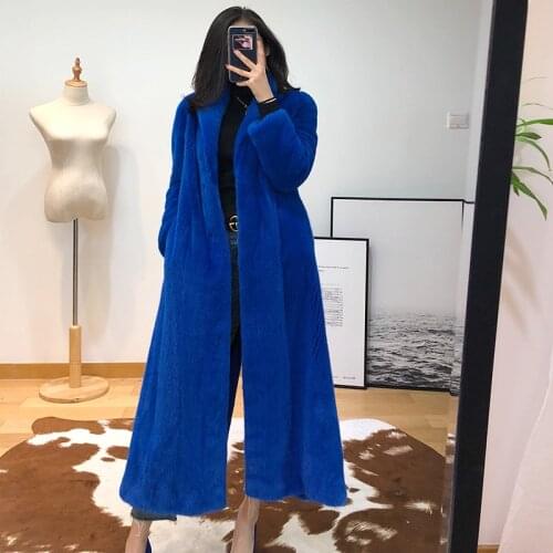 Women real mink fur long coat feminine temperament long sleeves mink fur jacket velvet-grade self-improvement blue back fork
