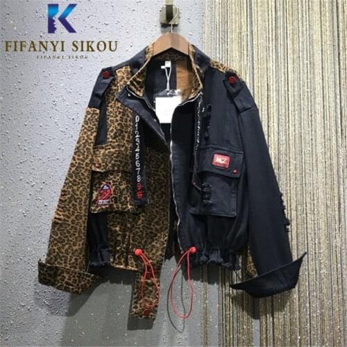 Leopard Print Patchwork Women Denim Jacket Short Coat Pocket Sequins Fashion Jeans Jacket Streetwear Womens Loose Jeans Coat